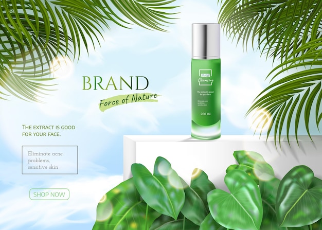 Natural skin care products in green with tropical summer leaves and effect bokeh and cloud blue sky