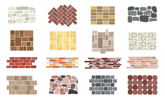 Natural stone textures Italian square stones wall granite block and cobble rock floor Interior terrazzo pattern tiles cartoon red bricks and marble decent vector set of background flooring mosaic