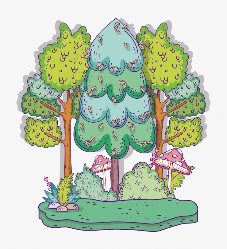 Vector natural trees with fungus and bushes plants