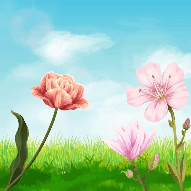 natural vector sky flowers and grass