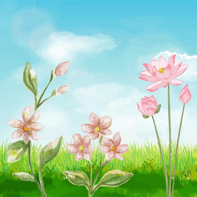 Vector natural vector sky flowers and grass