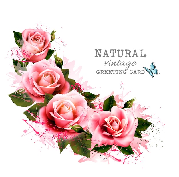 Natural vintage greeting card with roses. vector.