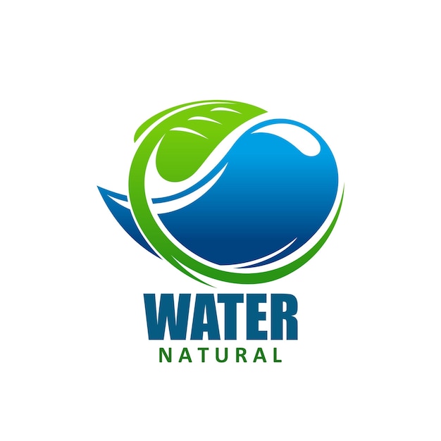 Natural water icon with aqua drop and green leaf