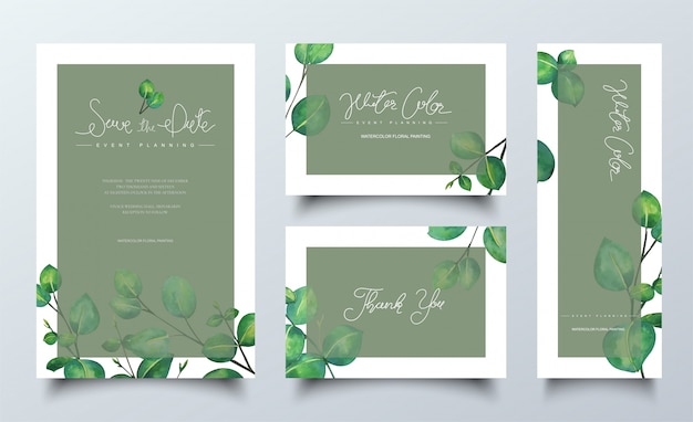 Vector natural watercolor cards with green leaves