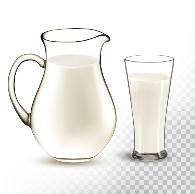 Vettore latte intero naturale in brocca e vetro isolato su sfondo trasparente vettore