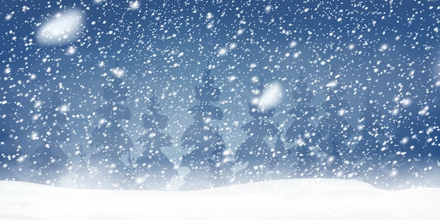 Natural Winter Christmas background with blue sky, heavy snowfall, snowflakes in different shapes and forms, snowdrifts. Winter landscape with falling christmas shining beautiful snow.