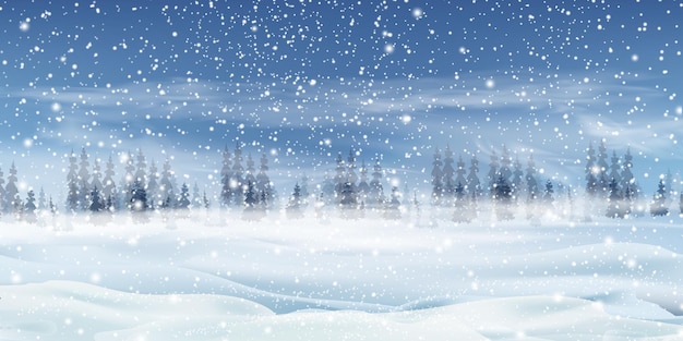 Природный зимний рождественский фон с небом, сильным снегопадом, снежинками разной формы