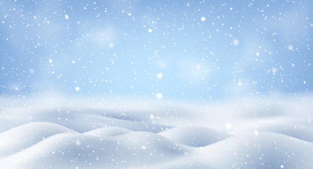 Natural winter christmas background with sky heavy snowfall vector snowy landscape with falling new year shining beautiful snow snowflakes in different shapes and forms snowdrifts