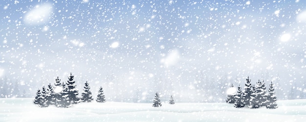 Natural Winter Christmas tree background with blue sky, heavy snowfall, snowflakes in different shapes and forms, snowdrifts. Winter landscape with falling christmas shining beautiful snow.