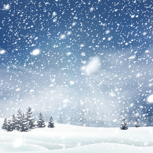 Natural Winter Christmas tree background with blue sky, heavy snowfall, snowflakes in different shapes and forms, snowdrifts. Winter landscape with falling christmas shining beautiful snow.