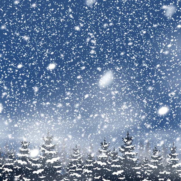 Vector natural winter christmas tree background with blue sky, heavy snowfall, snowflakes in different shapes and forms, snowdrifts. winter landscape with falling christmas shining beautiful snow.