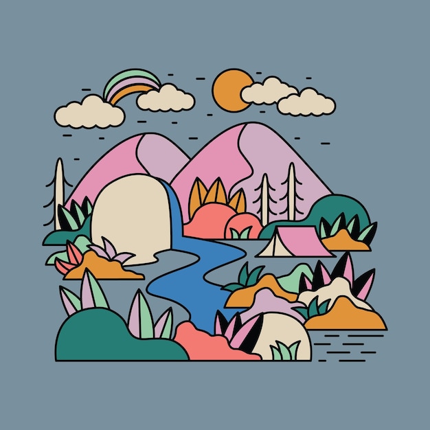 Nature adventure wild mountain river mountain colorful illustration