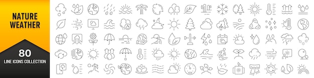 Коллекция значков линии природы и погоды. большой набор значков пользовательского интерфейса в плоском дизайне. тонкий контур значков. векторная иллюстрация eps10.