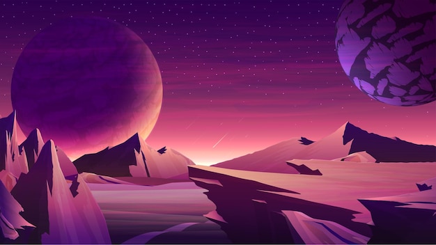 Nature on another planet with a huge planet on the horizon Mars orange space landscape with large planets on purple starry sky meteors and mountains on the horizon
