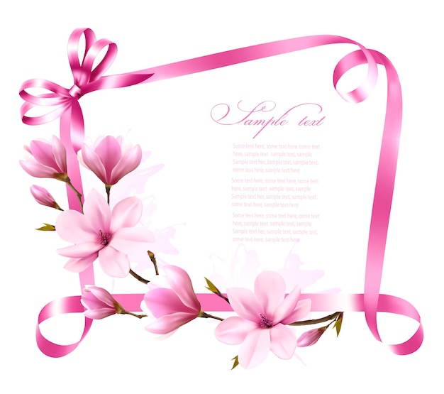 Sfondo della natura con ramo di fiori di magnolia e nastro rosa. vettore