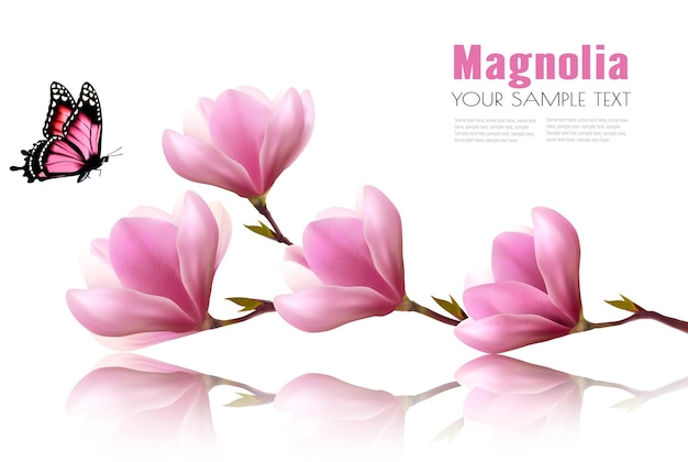 Nature background with blossom branch of pink flowers and butterfly. vector