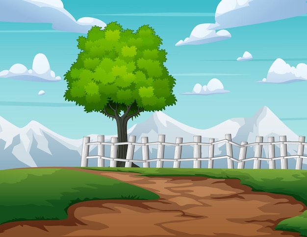 Vector nature background with dirt road and trees