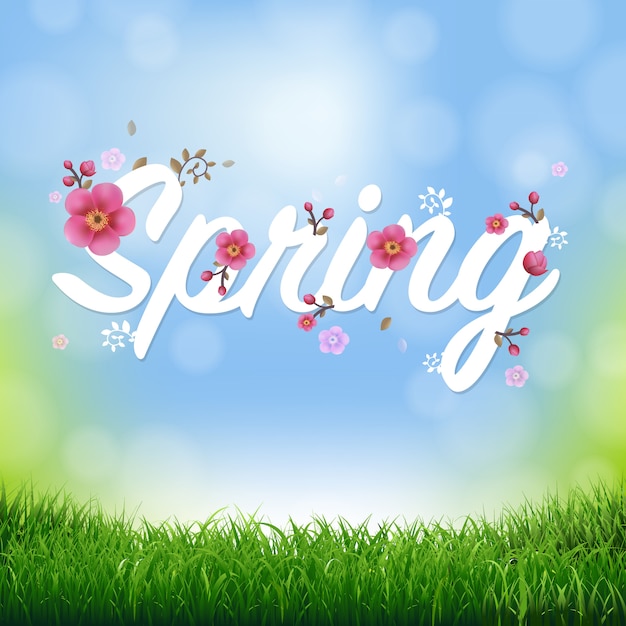 Nature background with grass border and text spring