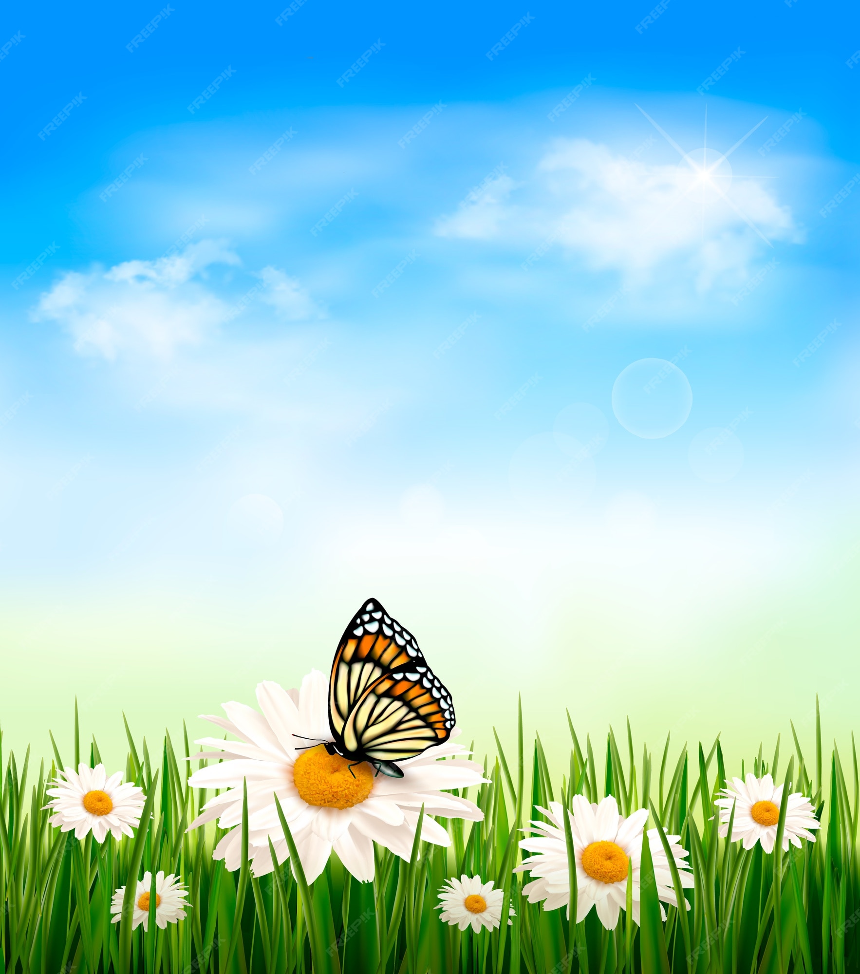 Premium Vector | Nature background with green grass and flowers with  butterfly