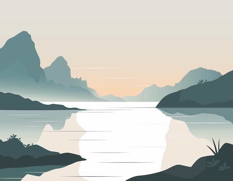 Vector 夕暮れの湖と山のシルエットを持つ自然の背景 静かで最小限の風景