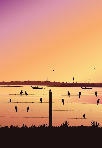 Vector nature background with river portrait view birds sitting on railing colourfu sunset vector