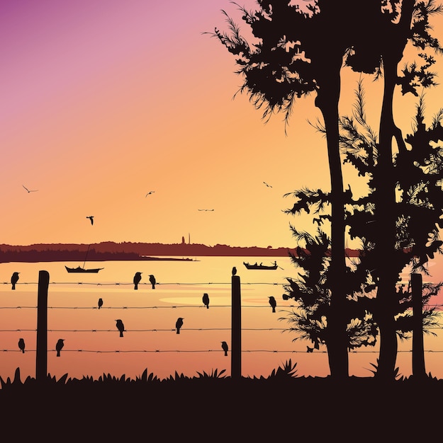 Vector nature background with river and tree birds sitting on railing colourfu sunset vector