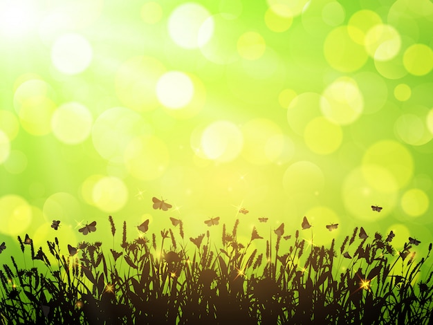 Vector nature background with wildflowers and butterflies on green background with bokeh.  illustration