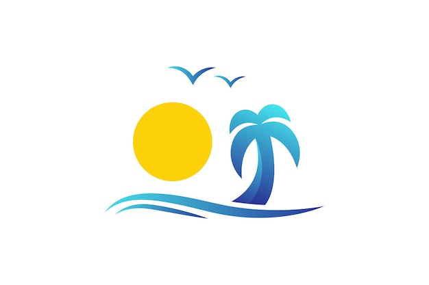 Nature beach vacation wave and sun with palm tree vector logo design