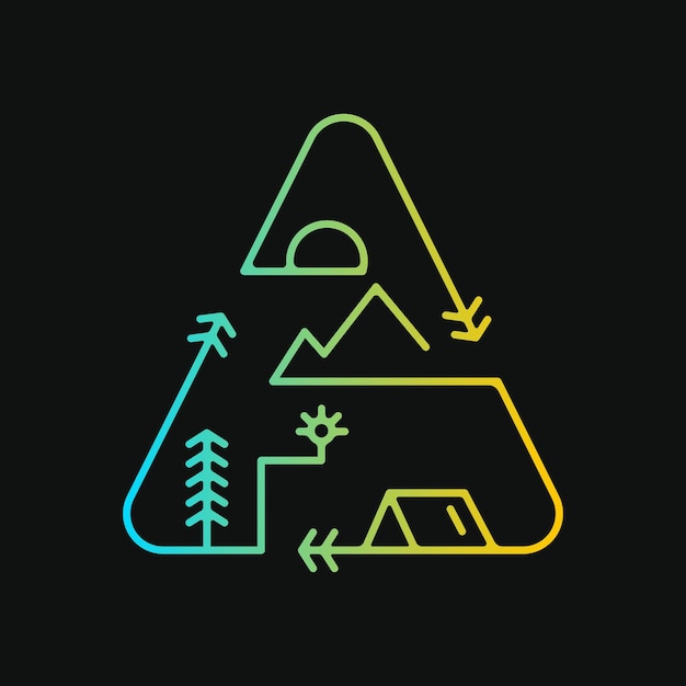 Vector nature camping composition of mountain trees and sun in triangle line arrow