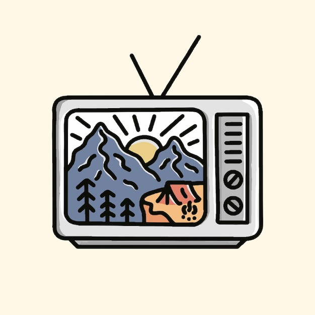 Nature camping outdoor in old TV shape in mono line art for tshirt badge sticker etc