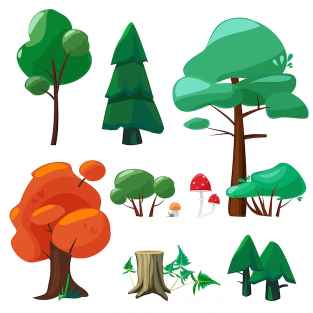 Nature cartoon elements. Game ui collection of trees shrubs hemp branches roots stones leaves puddles weather vector symbols cartoon