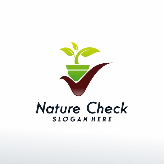 Il logo nature check progetta il vettore concettuale, il modello del logo plant check, l'icona del simbolo del logo