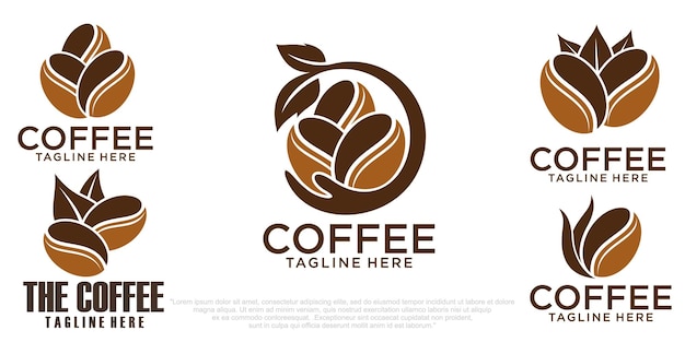 Logo nature coffee combinazione foglia di fagiolo e icona della mano set modello di progettazione del logo