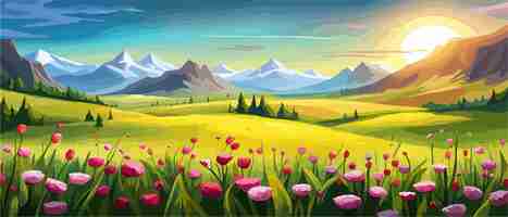 Vettore illustrazione carina della natura paesaggio campagna prato campo fiori e montagne per bandiera