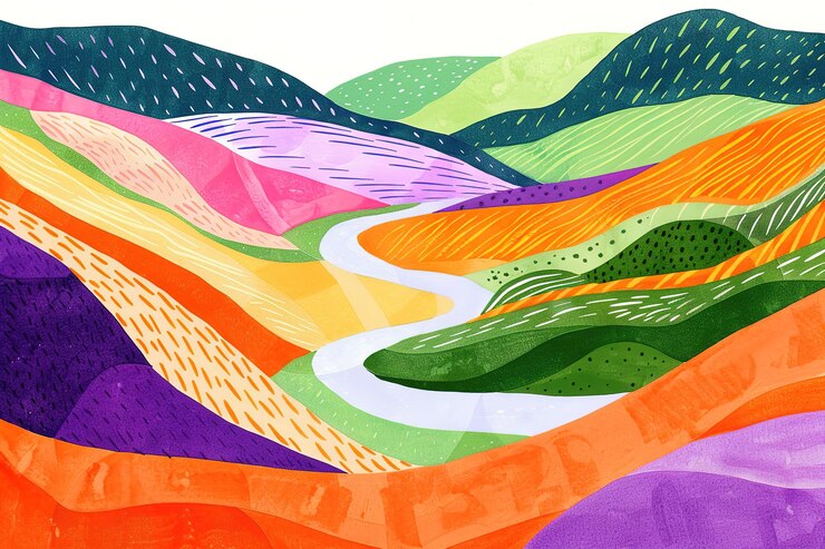 Vector nature cute vector illustration summer landscape and road fields and houses italy or provence n