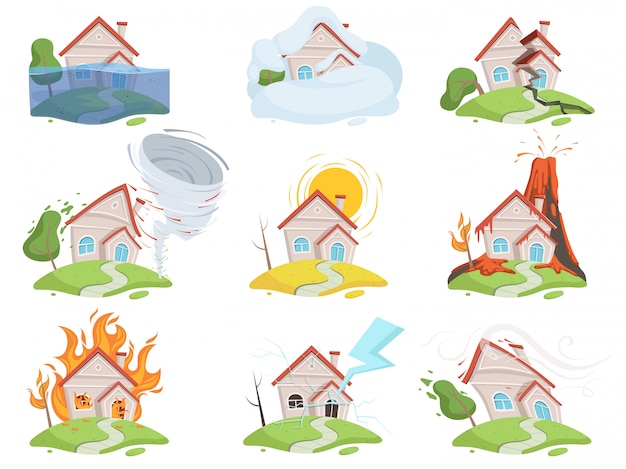 Nature disaster damage set. fire volcano water wind tree destruction tsunami vector cartoon pictures