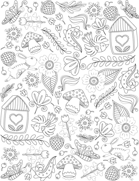 Nature doodle plants flowers animals colorless line drawing doodling art fruits leaves mushrooms