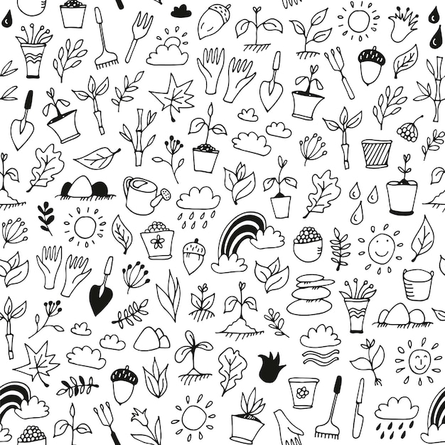 Vector nature doodle seamless background plants and weather signs hand drawn cartoon nature symbols