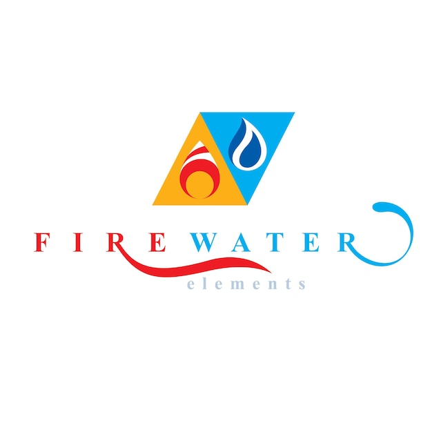 自然の要素は、マーケティングデザインのシンボルとして使用するための概念的なエンブレムのバランスを取ります。火と水の調和。