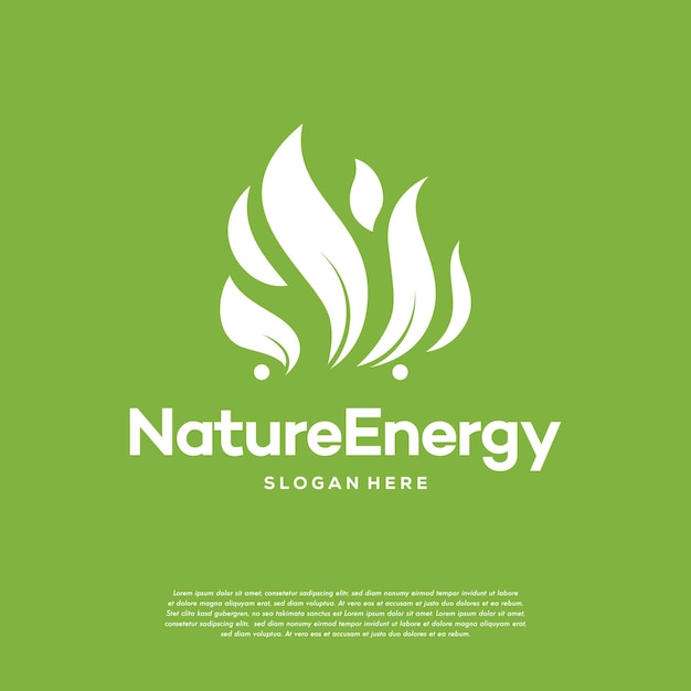Modello vettoriale del concetto di design del logo dell'energia della natura. foglia con forma di goccia di fiamma di fuoco icona del concetto di logotipo