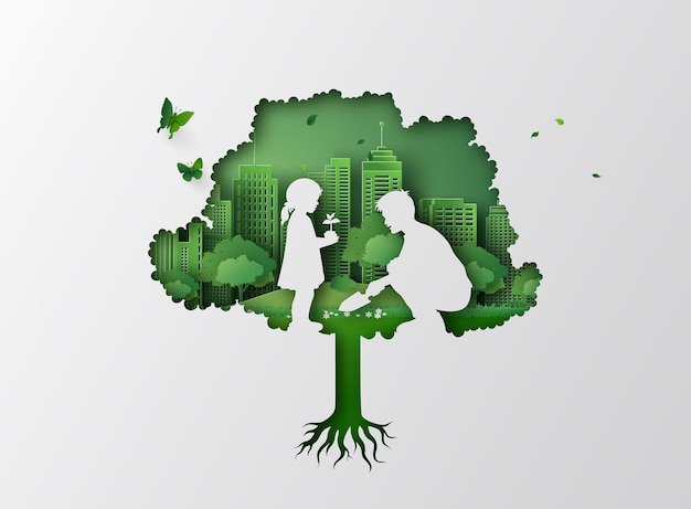 Nature and environment concept with dad and daughter plant a tree .paper cut and digital craft style.