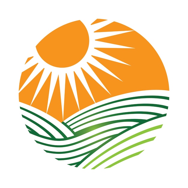 Fattoria della natura e agricoltura logo vettoriale design illustrazione fattoria del sole illustrazione isolata del paesaggio della fattoria dei campi e concetto del sole per l'agricoltura che raccoglie prodotti biologici dell'azienda agricola naturale