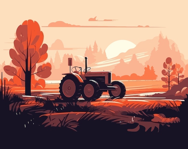 Nature and farm landscape village sky field trees tractor and grass for background poster vector illustration design