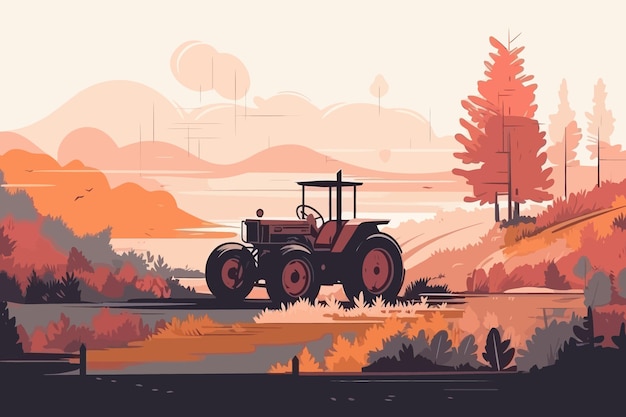 Nature and farm landscape village sky field trees tractor and grass for background poster vector illustration design