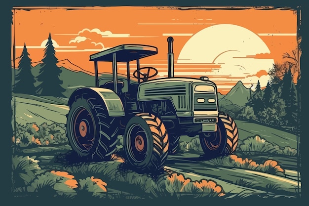 Vector nature and farm landscape village sky field trees tractor and grass for background poster vector illustration design