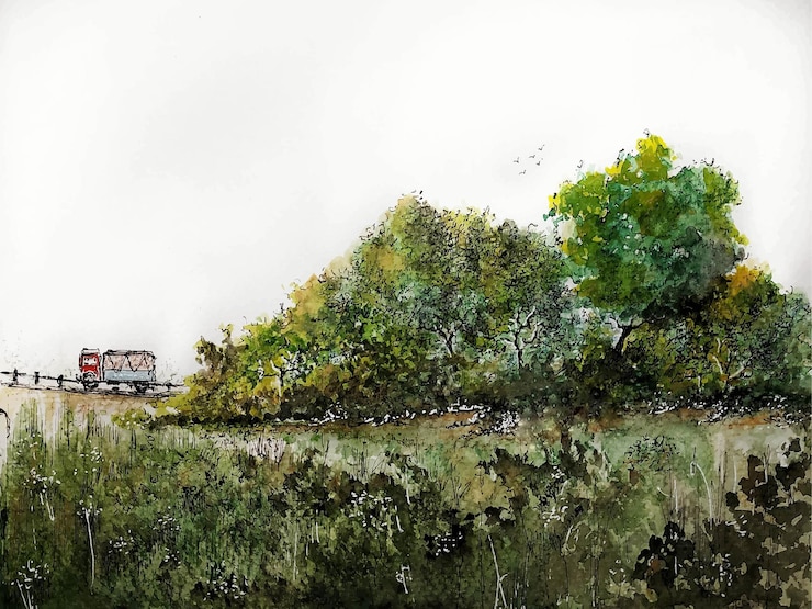 Vector a nature of field watercolor landscape painting on paper background
