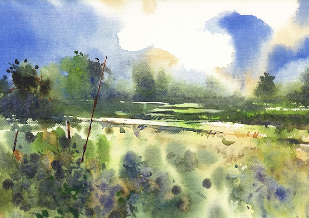 a nature of field watercolor landscape painting on paper