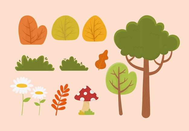 Vector nature foliage tree flower mushroom leaf bush vegetation icons illustration