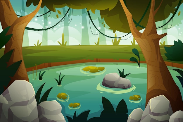 Vector nature forest landscape background illustration for happy earth day with environment lake scenery