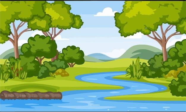 Vector nature forest landscape at daytime scene with long river